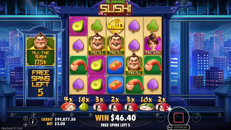 Running Sushi free spins, round 2, fifth free spin, three Take All symbols paying the meter