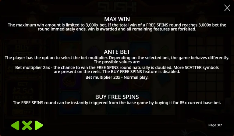 Running Sushi rules page 3 of 7: the 3,000x max win rule, the ante bet at 25x against 20x and the buy price of 85x
