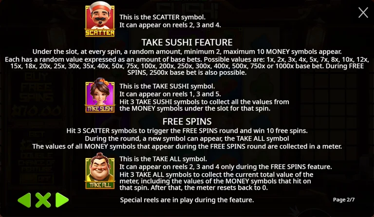 Running Sushi rules page 2 of 7: the scatter, the Take Sushi feature with its 26 printed plate values, the free spins text and the Take All symbol