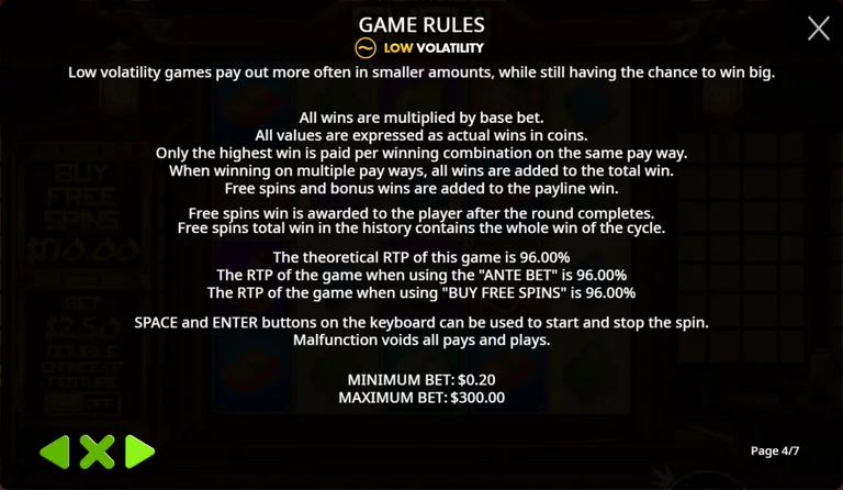 Running Sushi rules page 4 of 7: Low volatility label, the general pay rules and the return printed three times at 96.00%, with the bet limits beneath