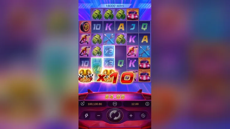 Speed Winner base game cascade at 18,000 ways with multiplier symbols summing to x10