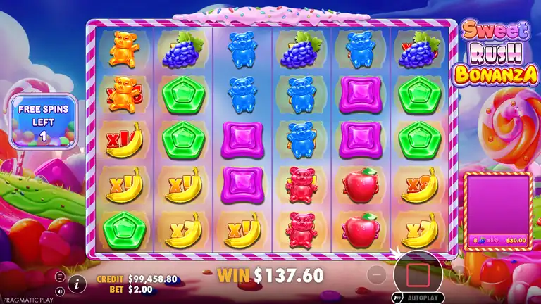 Sweet Rush Bonanza bonus round last spin: round counter at $137.60 with one free spin left