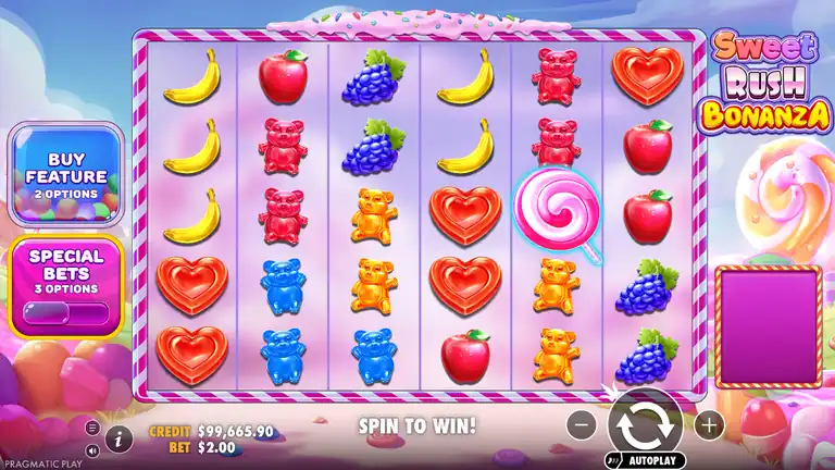 Sweet Rush Bonanza session end: credit meter at 99,665.90 dollars before the last spin