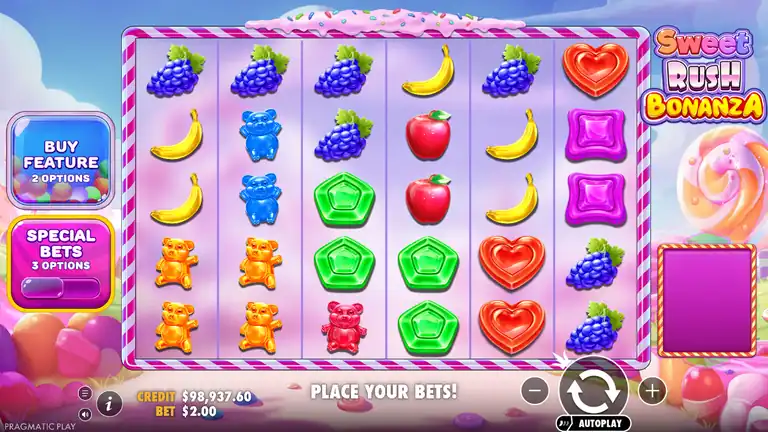 Sweet Rush Bonanza session low point: credit meter at 98,937.60 dollars in the base game