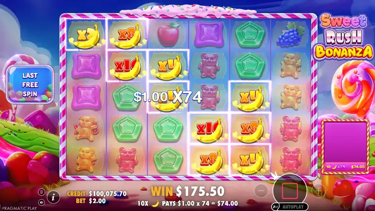 Sweet Rush Bonanza last free spin of the first bonus: a 10-banana match at combined x74 with the round counter at $175.50