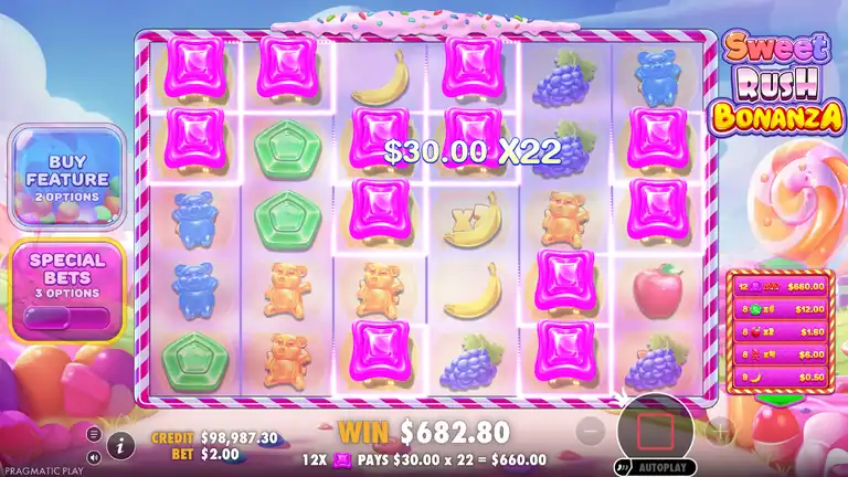 Sweet Rush Bonanza by Pragmatic Play: a 341.4x base-game tumble chain with WIN $682.80 on the meter and a 12-symbol match at x22