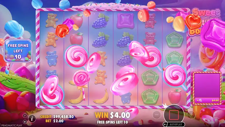 Sweet Rush Bonanza free spins trigger: four scatter lollipops with the counter at 10 spins and WIN $4.00