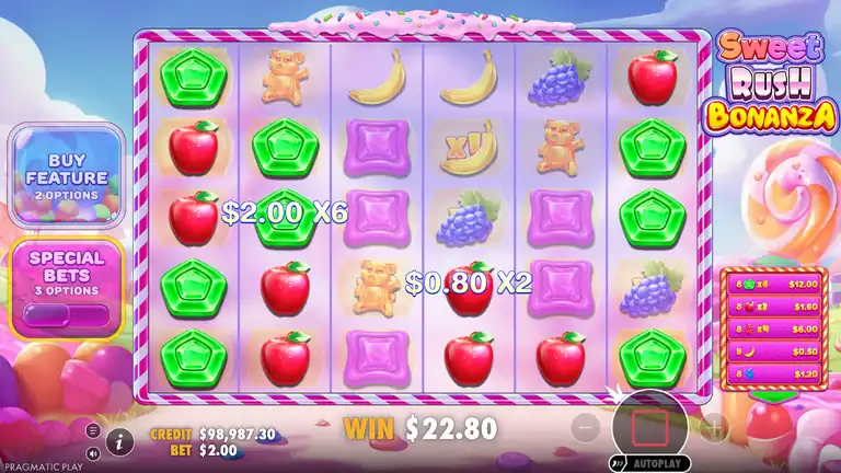 Sweet Rush Bonanza base game mid-chain: marked cells at x6 and x2 with WIN $22.80 before the final tumble