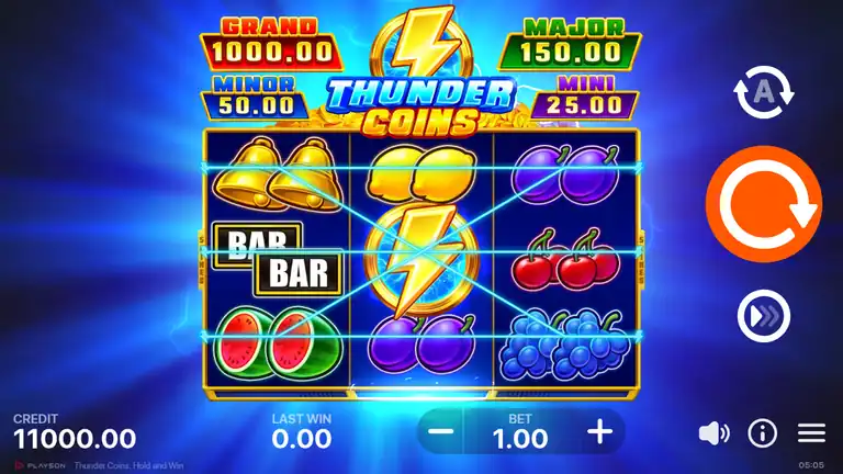 Thunder Coins: Hold and Win free demo - base game board from our logged session