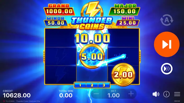 Thunder Coins Bonus Game board early in a round: held coins of 10.00, 5.00 and 2.00 with the re-spin counter on three