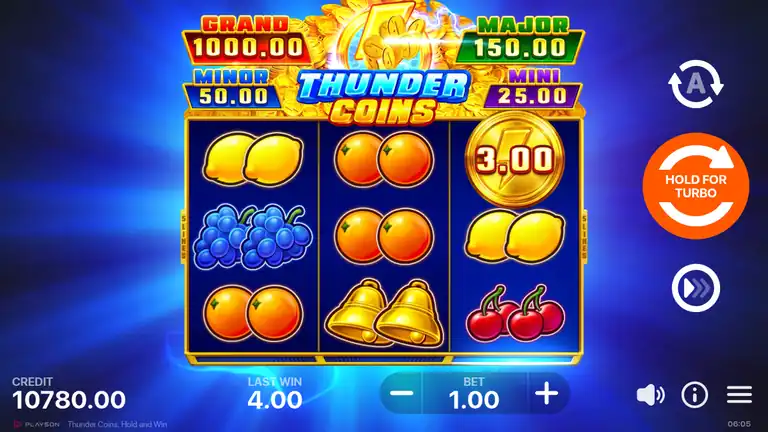 Thunder Coins base game mid-session with a 3.00 bonus coin on the right reel and balance 10,780.00
