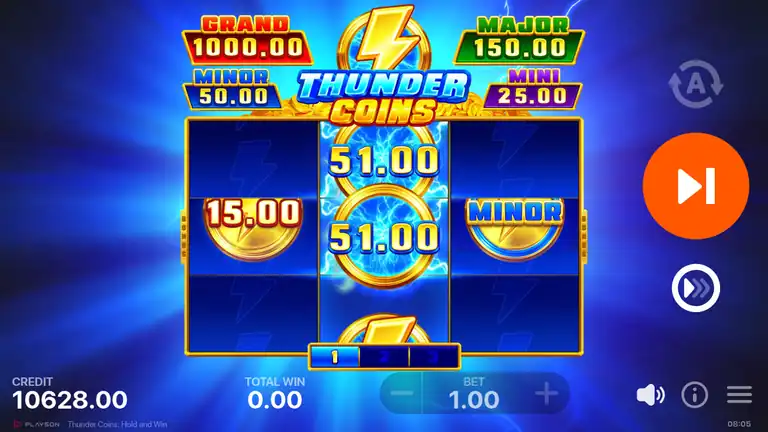 Thunder Coins Bonus Game late in a round: a MINOR jackpot coin held on the right reel among value coins