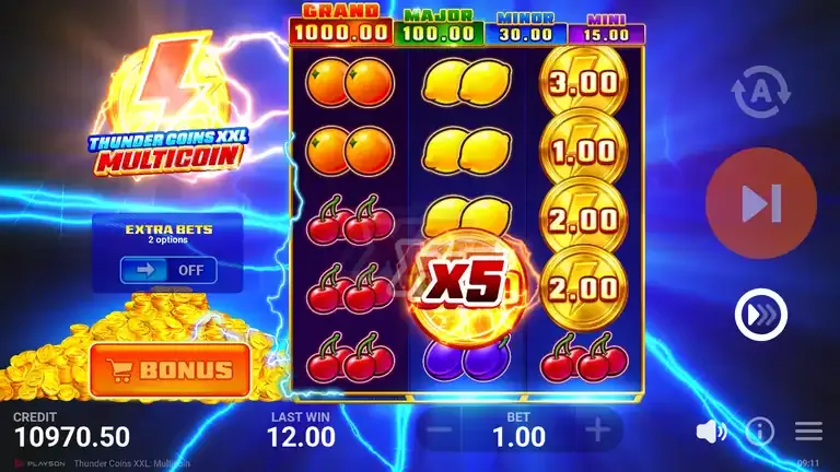 Thunder Coins XXL: Multicoin base game with a MULTICOIN on the middle reel showing a x5 badge beside coins on the outer reels, balance 10,970.50