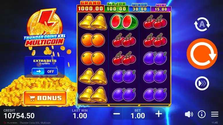 Thunder Coins XXL: Multicoin base game board at the session close, balance 10,754.50
