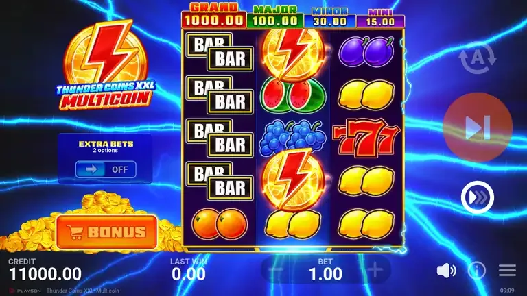 Thunder Coins XXL: Multicoin base game board at the opening of the logged session, balance 11,000.00
