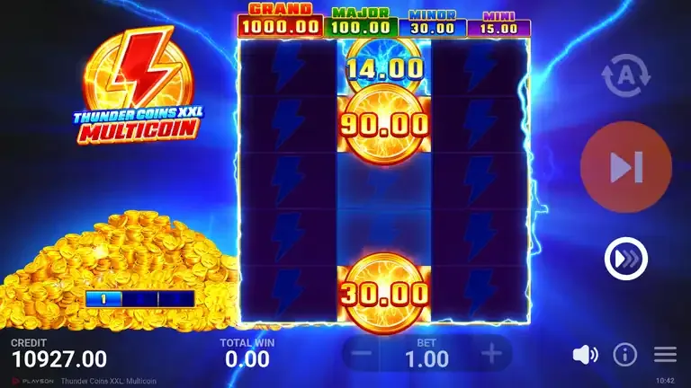 Thunder Coins XXL: Multicoin Bonus Game at the close of round 8 with three collectors on the middle reel reading 14.00, 90.00 and 30.00, balance 10,927.00