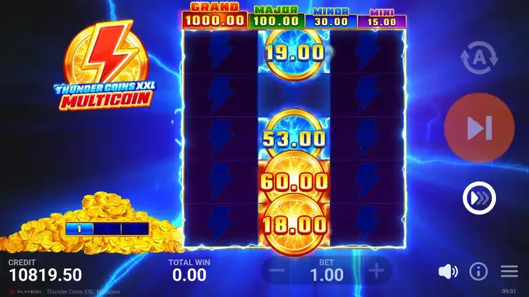 Thunder Coins XXL: Multicoin Bonus Game at its close with four collectors on the middle reel reading 19.00, 53.00, 60.00 and 18.00, balance 10,819.50