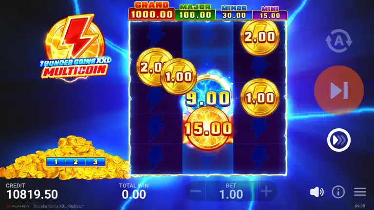 Thunder Coins XXL: Multicoin Bonus Game in progress with coins worth 2.00, 1.00, 2.00 and 1.00 on the outer reels and two collectors reading 9.00 and 15.00 on the middle reel, balance 10,819.50