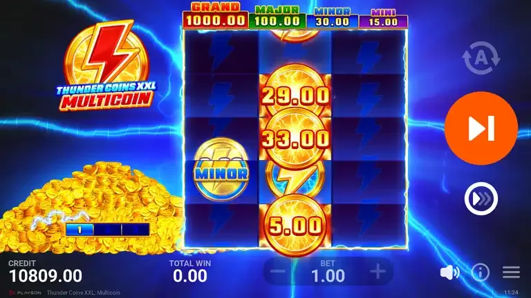 Thunder Coins XXL: Multicoin Bonus Game at the close of round 12 with a MINOR jackpot coin on the left reel and three collectors reading 29.00, 33.00 and 5.00, balance 10,809.00