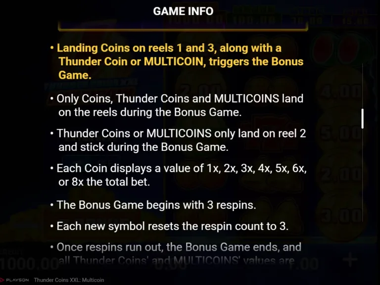 Thunder Coins XXL: Multicoin rules screen: the Bonus Game rule, coins on reels 1 and 3 with a Thunder Coin or MULTICOIN trigger it, collectors stick on reel 2, coin values 1x to 8x, three respins reset by each new symbol
