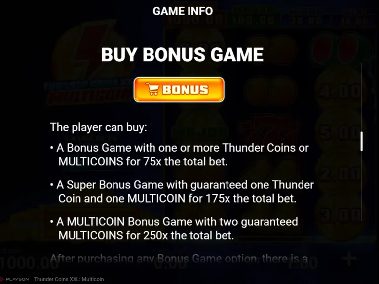 Thunder Coins XXL: Multicoin rules screen: Buy Bonus Game at 75x, Super Bonus Game at 175x with one Thunder Coin and one MULTICOIN guaranteed, MULTICOIN Bonus Game at 250x with two MULTICOINS guaranteed