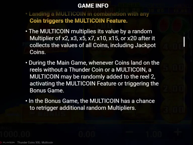 Thunder Coins XXL: Multicoin rules screen: the MULTICOIN multiplies its value by a random multiplier of x2, x3, x5, x7, x10, x15 or x20 after collecting all coins, may be added to reel 2 at random, and can retrigger multipliers in the bonus