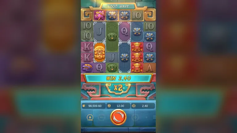 Treasures of Aztec base game board at the session low, balance 98,509.60, multiplier at x2