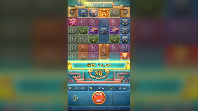 Treasures of Aztec base game chain closing at 1,341.60 with the multiplier at x8 and the ways counter at 16,200, balance 101,729.80
