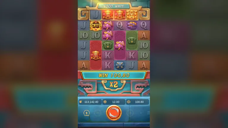 Treasures of Aztec base game board at the session peak, balance 113,142.40