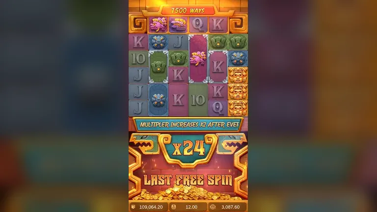 Treasures of Aztec last free spin with the multiplier at x24, win line 3,087.60, balance 109,064.20