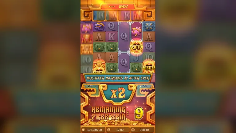 Treasures of Aztec free spins opening with the multiplier at x2, nine spins remaining, win counter at 368.40, balance 106,345.00