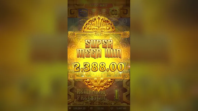 Treasures of Aztec Super Mega Win banner showing 2,388.00 inside the free spins round