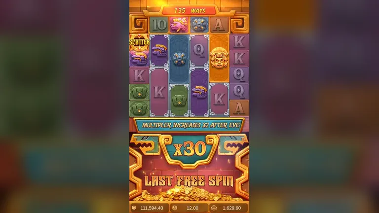 Treasures of Aztec last free spin with the multiplier at x30, win line 1,629.60, balance 111,594.40