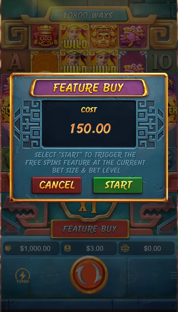 Treasures of Aztec Feature Buy menu in the dollar copy: cost 150.00 at a 3.00 stake, Cancel and Start buttons