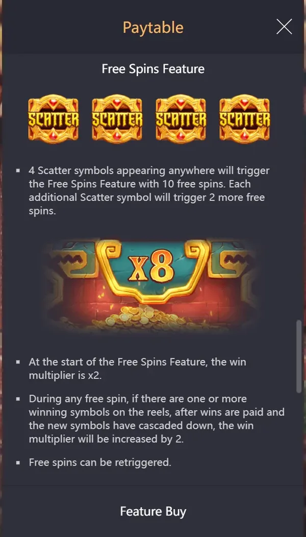Treasures of Aztec paytable screen: Free Spins Feature, four scatters trigger ten free spins, each extra scatter adds two, multiplier starts at x2 and rises by 2