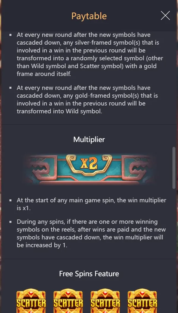 Treasures of Aztec paytable screen: the multiplier rule, x1 at the start of a main game spin, plus 1 after every winning cascade