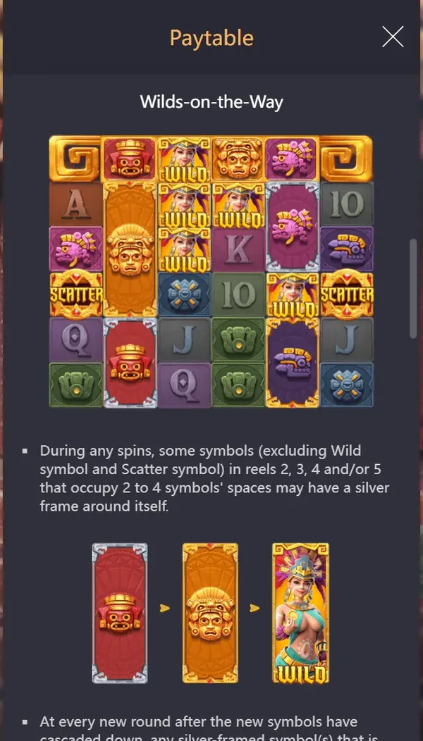 Treasures of Aztec paytable screen: Wilds-on-the-Way, a silver-framed symbol becomes a gold-framed symbol, then a wild